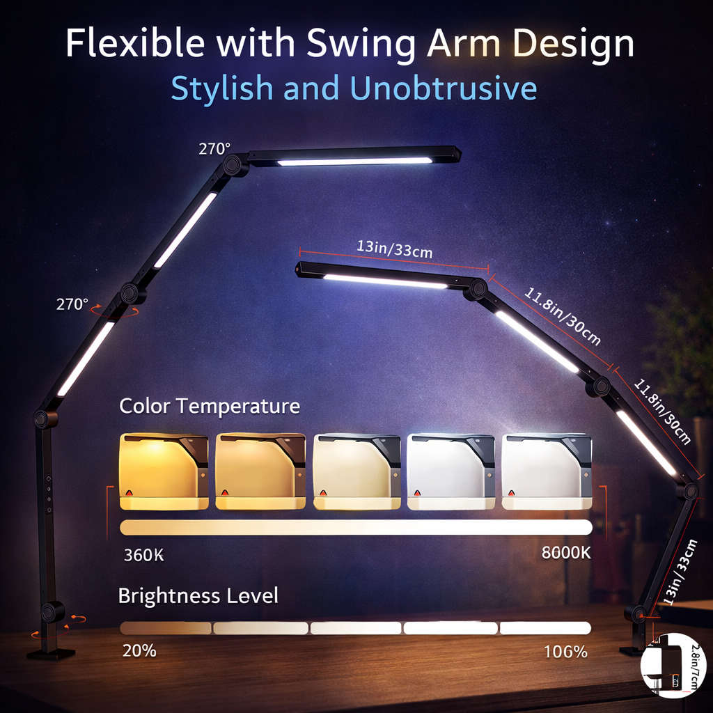 Flexible LED Desk Lamp with Clamp – Adjustable 4-Section Swing Arm, 4 Color Modes & 5 Brightness Levels, Eye-Care Task Light for Office, Reading & Crafting