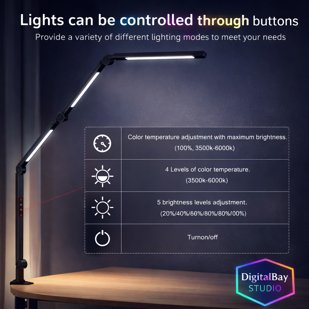Flexible LED Desk Lamp with Clamp – Adjustable 4-Section Swing Arm, 4 Color Modes & 5 Brightness Levels, Eye-Care Task Light for Office, Reading & Crafting