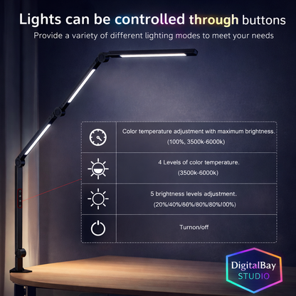 Flexible LED Desk Lamp with Clamp – Adjustable 4-Section Swing Arm, 4 Color Modes & 5 Brightness Levels, Eye-Care Task Light for Office, Reading & Crafting