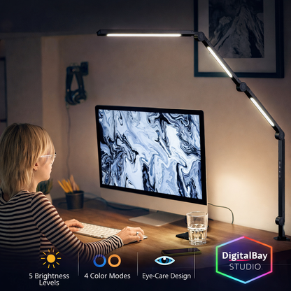 Flexible LED Desk Lamp with Clamp – Adjustable 4-Section Swing Arm, 4 Color Modes & 5 Brightness Levels, Eye-Care Task Light for Office, Reading & Crafting