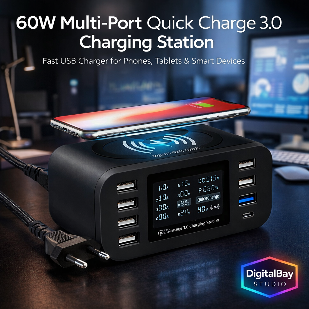 60W Multi-Port Quick Charge 3.0 Charging Station – Fast USB Charger for Phones, Tablets & Smart Devices