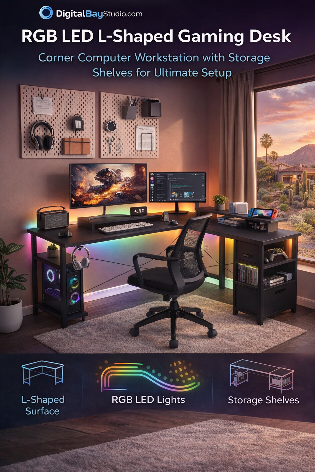 RGB LED L-Shaped Gaming Desk – Corner Computer Workstation with Storage Shelves for Ultimate Gaming Setup