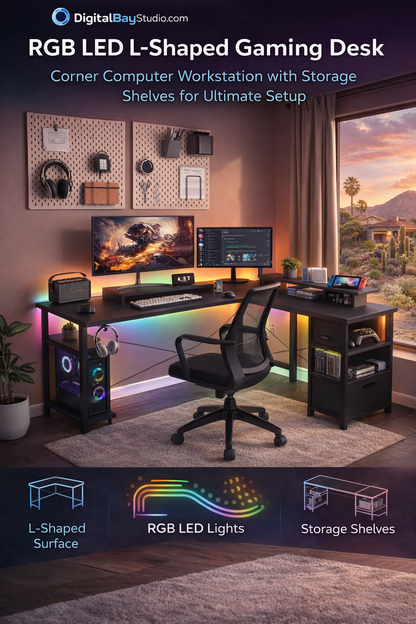 RGB LED L-Shaped Gaming Desk – Corner Computer Workstation with Storage Shelves for Ultimate Gaming Setup