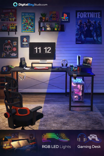 RGB LED L-Shaped Gaming Desk – Corner Computer Workstation with Storage Shelves for Ultimate Gaming Setup