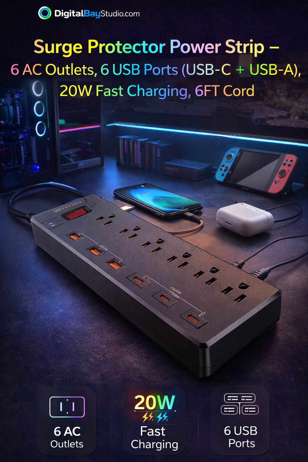 Surge Protector Power Strip – 6 AC Outlets, 6 USB Ports (USB-C + USB-A), 20W Fast Charging, 6FT Cord