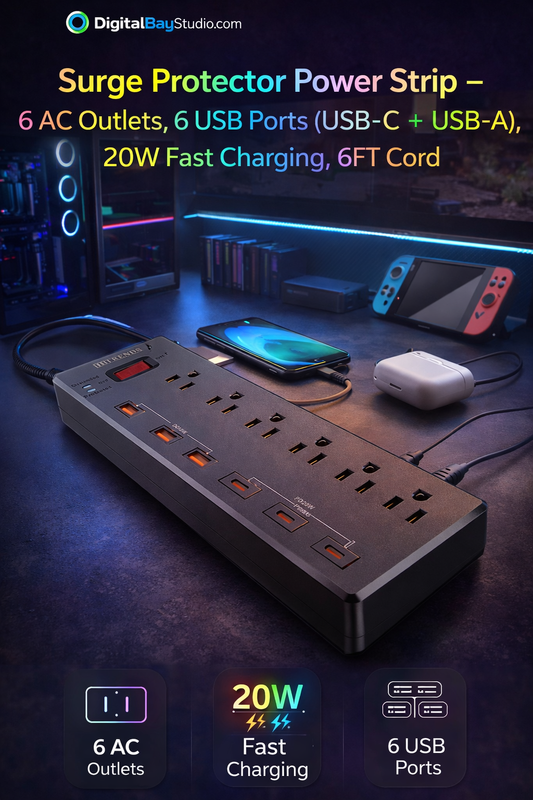 Surge Protector Power Strip – 6 AC Outlets, 6 USB Ports (USB-C + USB-A), 20W Fast Charging, 6FT Cord