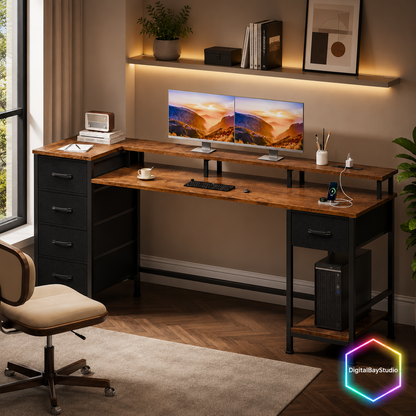 66 Inch Gaming Desk with LED Lights & Power Outlets – Computer Desk with 5 Storage Drawers, Retro Brown