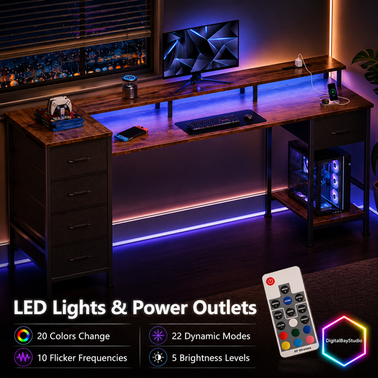 66 Inch Gaming Desk with LED Lights & Power Outlets – Computer Desk with 5 Storage Drawers, Retro Brown