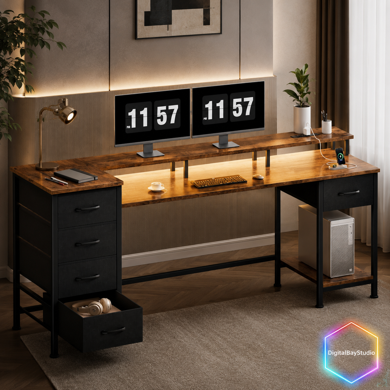 66 Inch Gaming Desk with LED Lights & Power Outlets – Computer Desk with 5 Storage Drawers, Retro Brown