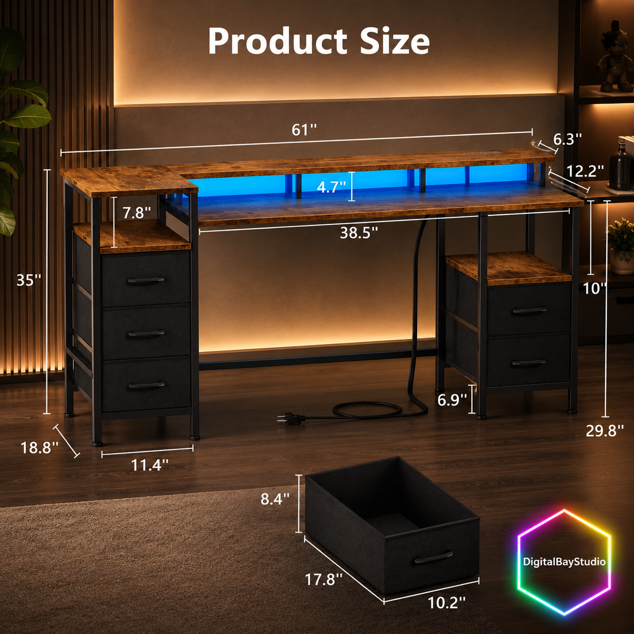 66 Inch Gaming Desk with LED Lights & Power Outlets – Computer Desk with 5 Storage Drawers, Retro Brown