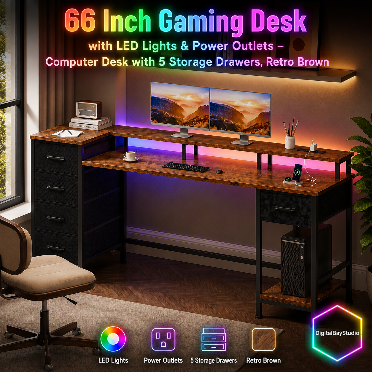 66 Inch Gaming Desk with LED Lights & Power Outlets – Computer Desk with 5 Storage Drawers, Retro Brown
