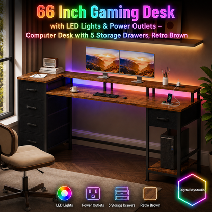 66 Inch Gaming Desk with LED Lights & Power Outlets – Computer Desk with 5 Storage Drawers, Retro Brown