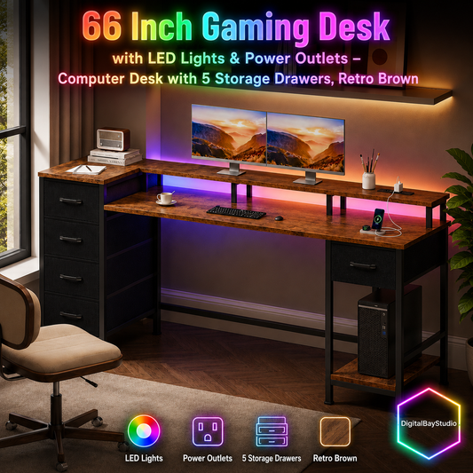 66 Inch Gaming Desk with LED Lights & Power Outlets – Computer Desk with 5 Storage Drawers, Retro Brown
