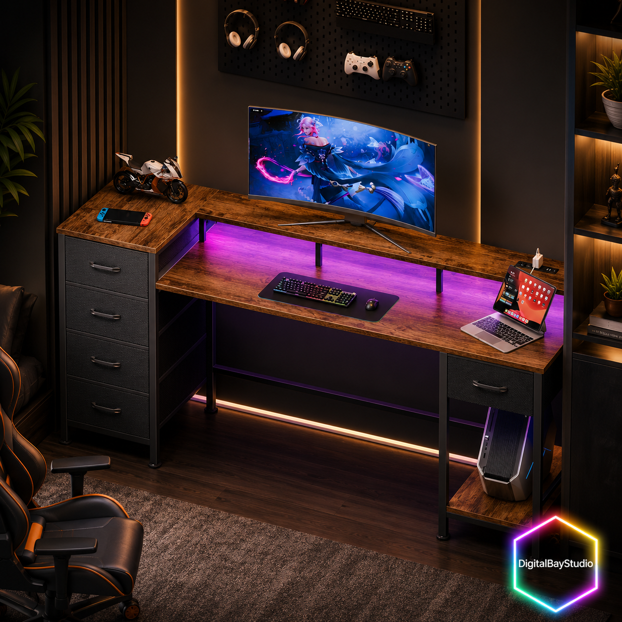 66 Inch Gaming Desk with LED Lights & Power Outlets – Computer Desk with 5 Storage Drawers, Retro Brown