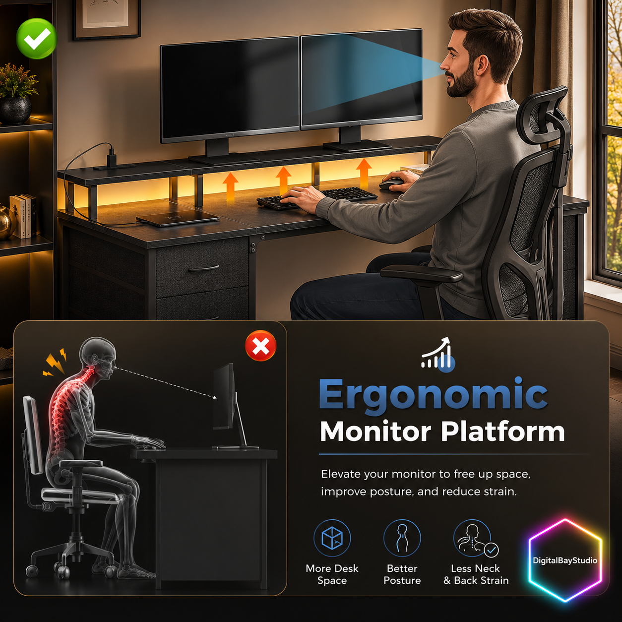 47 Inch Gaming Desk with LED Lights & Charging Station – Computer Desk with 4 Drawers & Monitor Stand, Black