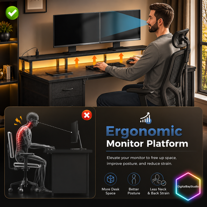 47 Inch Gaming Desk with LED Lights & Charging Station – Computer Desk with 4 Drawers & Monitor Stand, Black