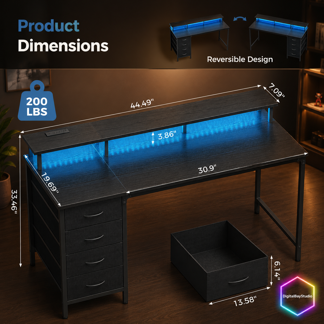 47 Inch Gaming Desk with LED Lights & Charging Station – Computer Desk with 4 Drawers & Monitor Stand, Black