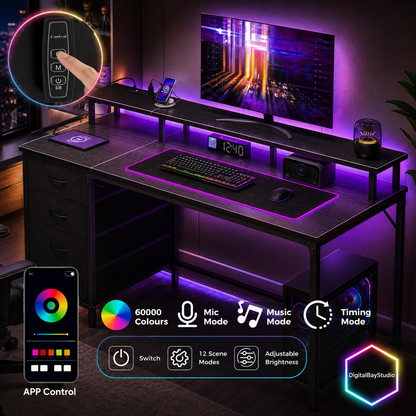 47 Inch Gaming Desk with LED Lights & Charging Station – Computer Desk with 4 Drawers & Monitor Stand, Black