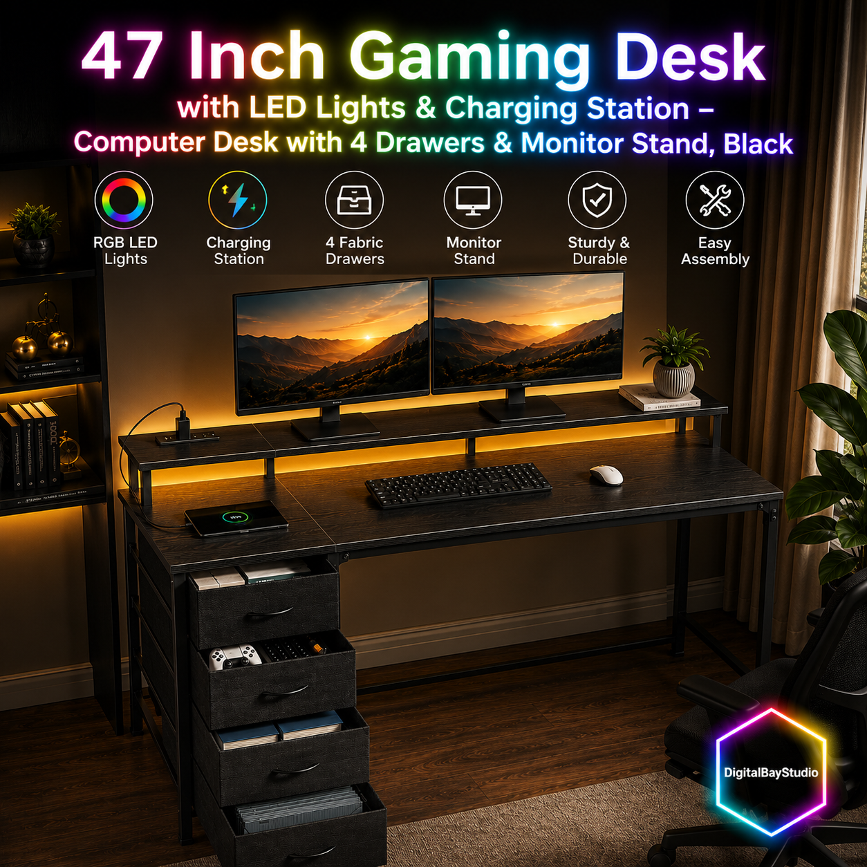 47 Inch Gaming Desk with LED Lights & Charging Station – Computer Desk with 4 Drawers & Monitor Stand, Black