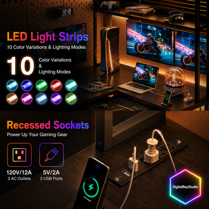 59” Corner Computer Gaming Desk with LED Lights & Charging Station – L Shaped Desk with Keyboard Tray & Storage