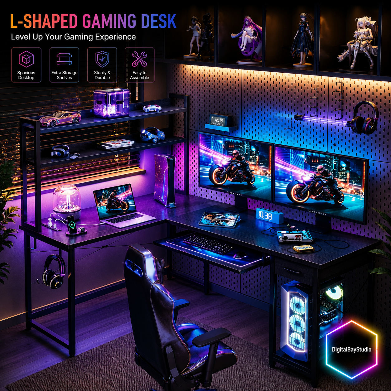 59” Corner Computer Gaming Desk with LED Lights & Charging Station – L Shaped Desk with Keyboard Tray & Storage