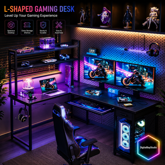 59” Corner Computer Gaming Desk with LED Lights & Charging Station – L Shaped Desk with Keyboard Tray & Storage