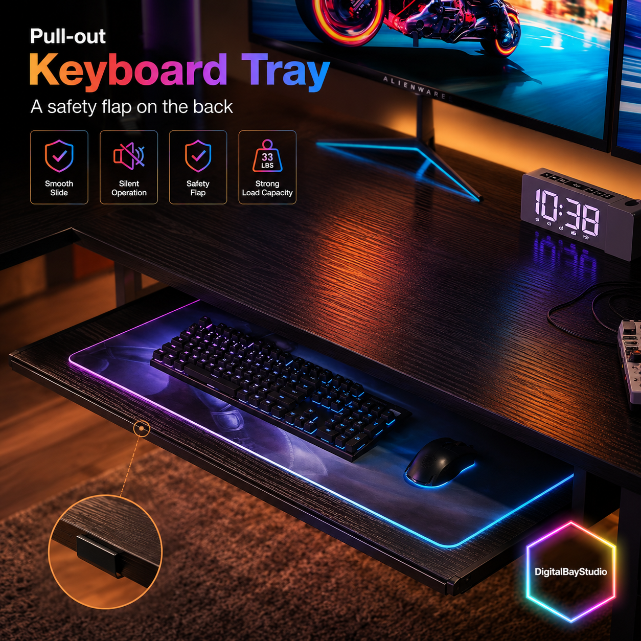 59” Corner Computer Gaming Desk with LED Lights & Charging Station – L Shaped Desk with Keyboard Tray & Storage