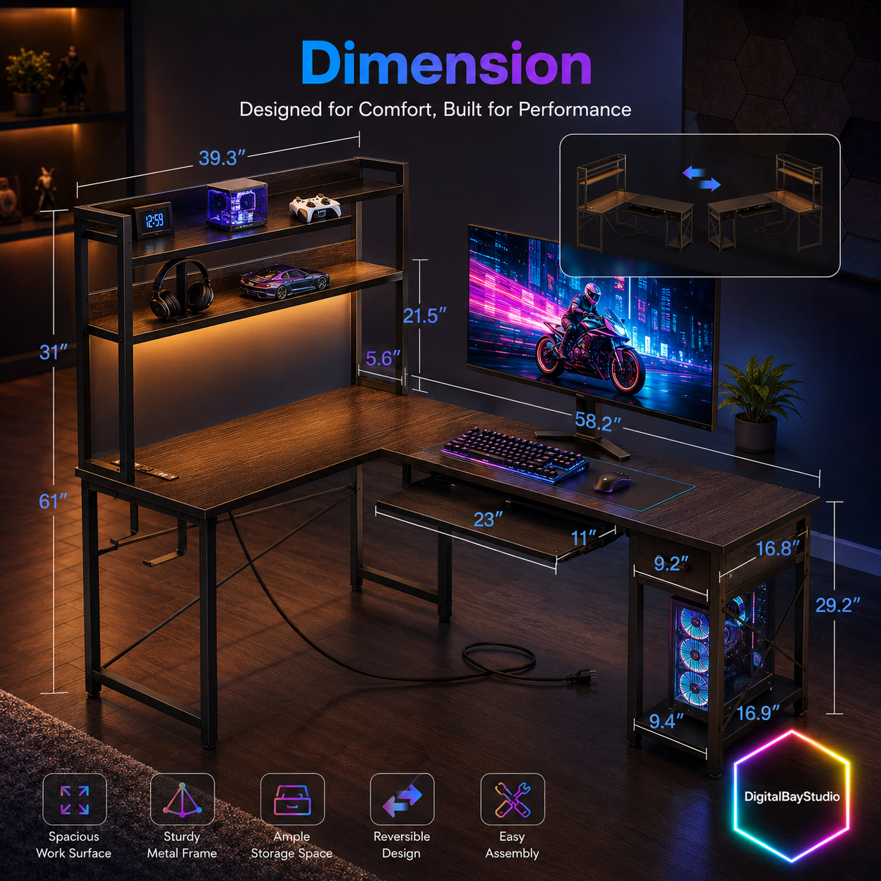 59” Corner Computer Gaming Desk with LED Lights & Charging Station – L Shaped Desk with Keyboard Tray & Storage