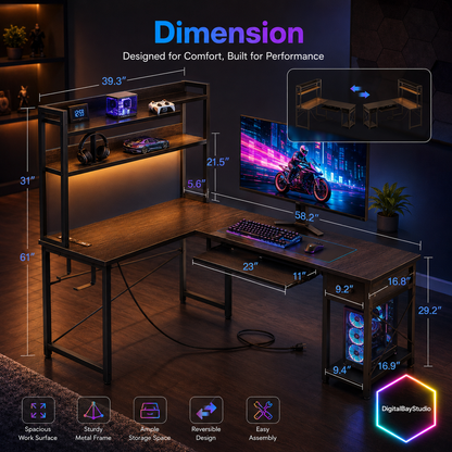 59” Corner Computer Gaming Desk with LED Lights & Charging Station – L Shaped Desk with Keyboard Tray & Storage