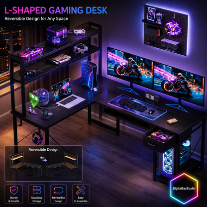 59” Corner Computer Gaming Desk with LED Lights & Charging Station – L Shaped Desk with Keyboard Tray & Storage