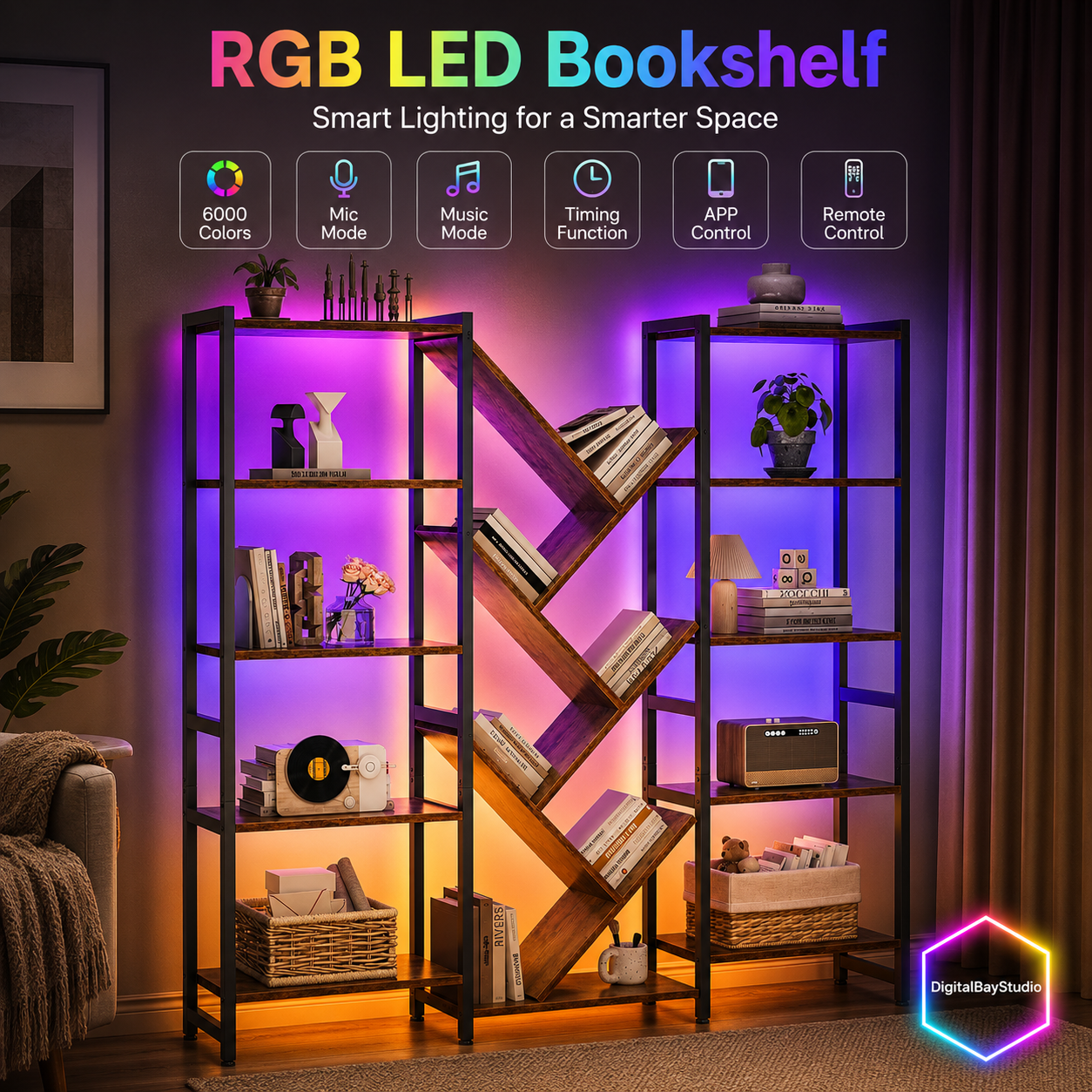 Triple Column 5-Tier Bookshelf with LED Lighting – Large 17 Open Shelf Storage Bookcase, Metal Frame Home Organizer