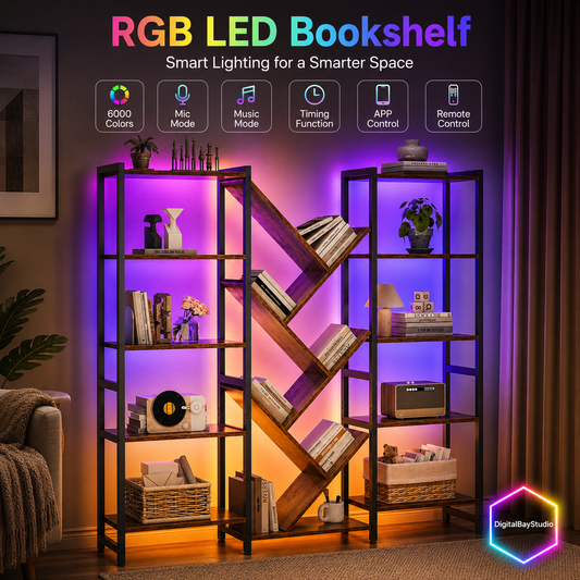 Triple Column 5-Tier Bookshelf with LED Lighting – Large 17 Open Shelf Storage Bookcase, Metal Frame Home Organizer