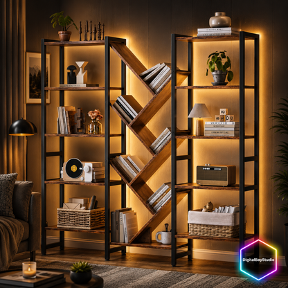 Triple Column 5-Tier Bookshelf with LED Lighting – Large 17 Open Shelf Storage Bookcase, Metal Frame Home Organizer