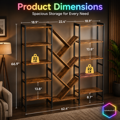Triple Column 5-Tier Bookshelf with LED Lighting – Large 17 Open Shelf Storage Bookcase, Metal Frame Home Organizer