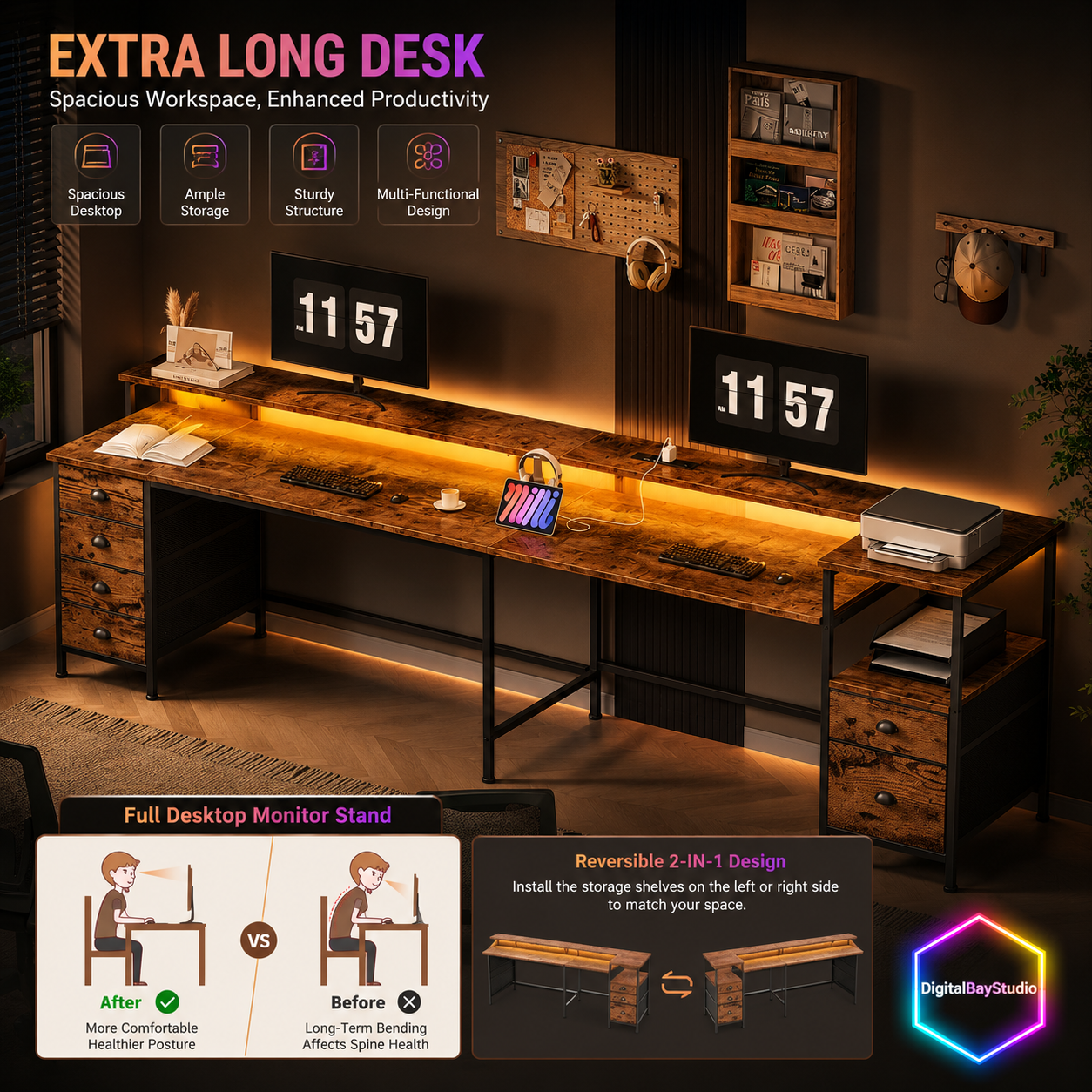 Rustic Brown L Shaped Desk with Charging Station & RGB LED Lights – 66” Gaming & Home Office Desk