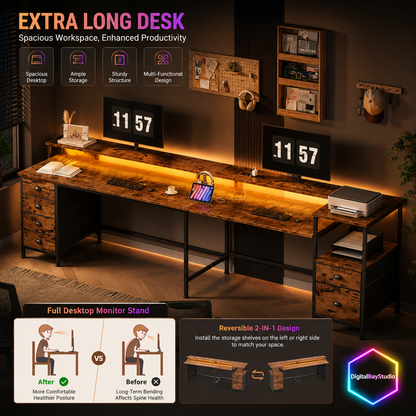 Rustic Brown L Shaped Desk with Charging Station & RGB LED Lights – 66” Gaming & Home Office Desk