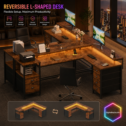 Rustic Brown L Shaped Desk with Charging Station & RGB LED Lights – 66” Gaming & Home Office Desk