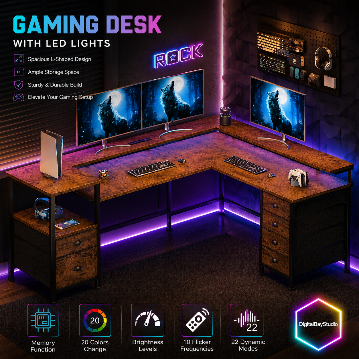 Rustic Brown L Shaped Desk with Charging Station & RGB LED Lights – 66” Gaming & Home Office Desk