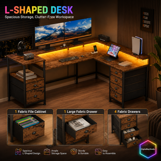 Rustic Brown L Shaped Desk with Charging Station & RGB LED Lights – 66” Gaming & Home Office Desk