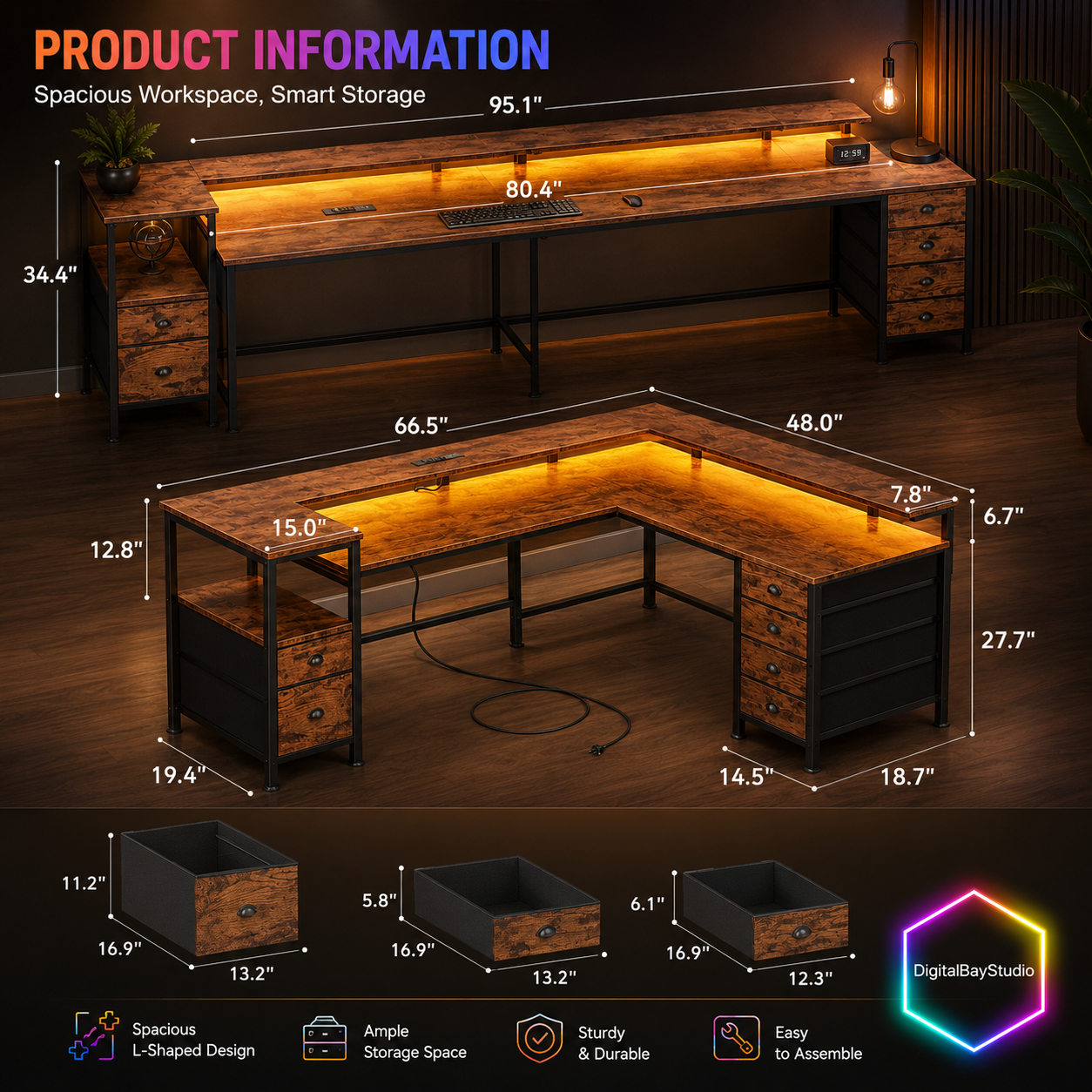 Rustic Brown L Shaped Desk with Charging Station & RGB LED Lights – 66” Gaming & Home Office Desk