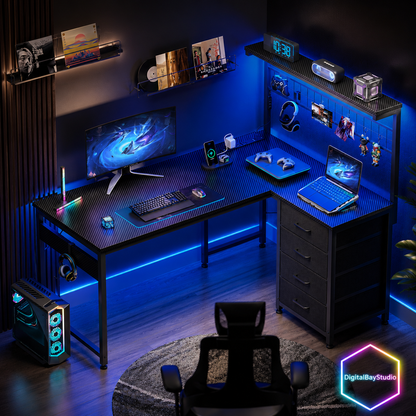 43” Corner Gaming Desk with LED Lights & Power Outlets – L Shaped Computer Desk with Hutch & 4 Drawers