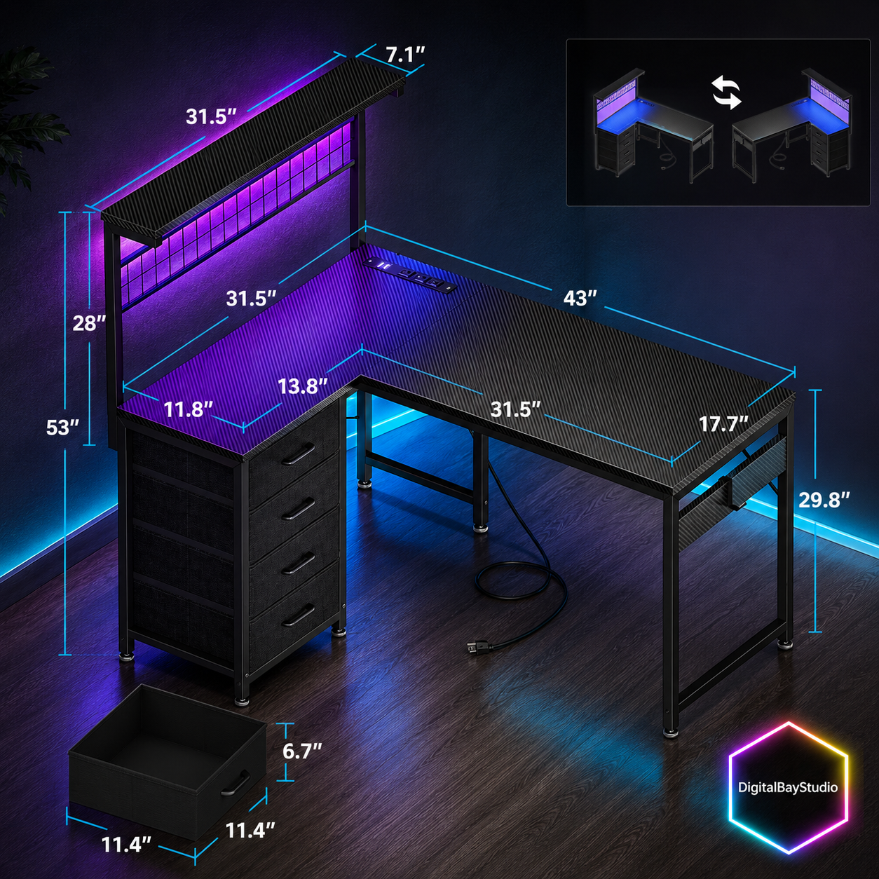 43” Corner Gaming Desk with LED Lights & Power Outlets – L Shaped Computer Desk with Hutch & 4 Drawers