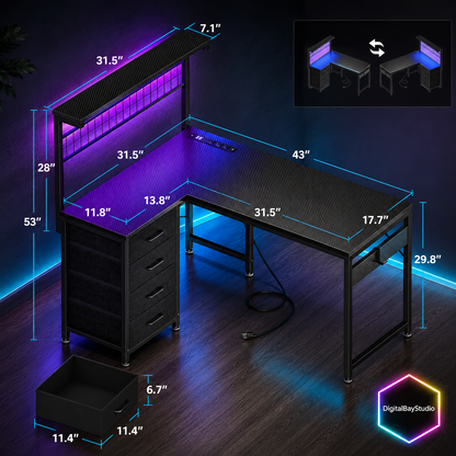 43” Corner Gaming Desk with LED Lights & Power Outlets – L Shaped Computer Desk with Hutch & 4 Drawers