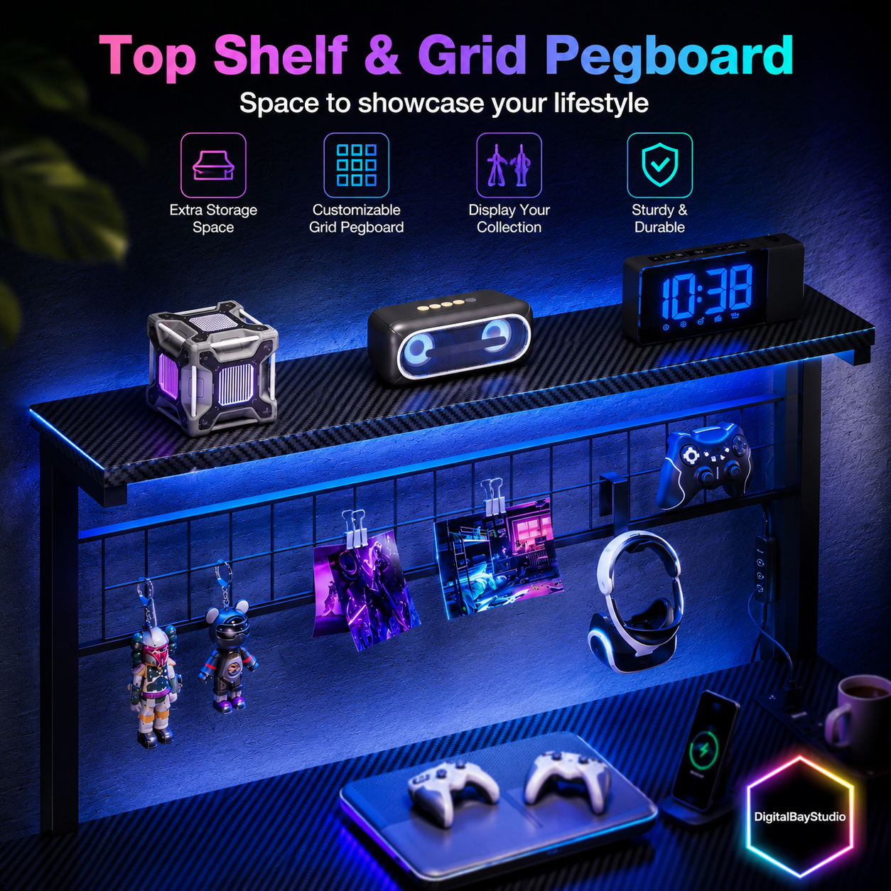 43” Corner Gaming Desk with LED Lights & Power Outlets – L Shaped Computer Desk with Hutch & 4 Drawers