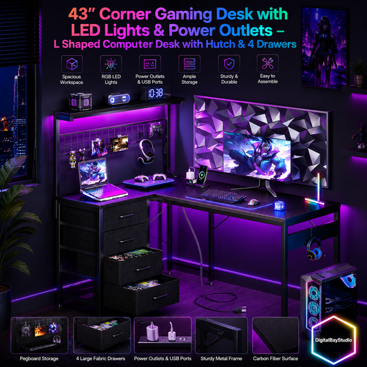 43” Corner Gaming Desk with LED Lights & Power Outlets – L Shaped Computer Desk with Hutch & 4 Drawers