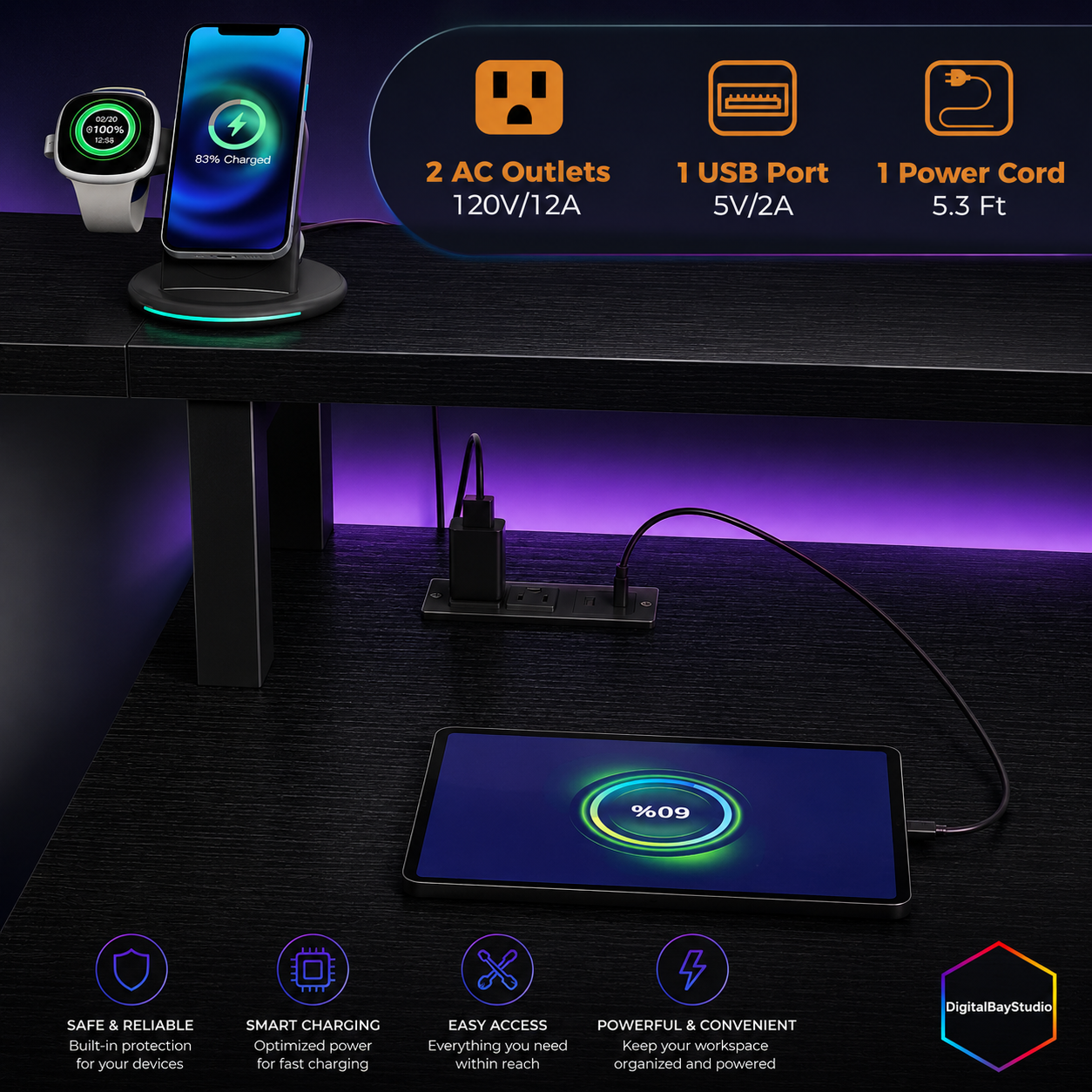 67” Gaming Desk with RGB LED Lights, Charging Station & 5 Drawers – Extra Large Gaming Workstation