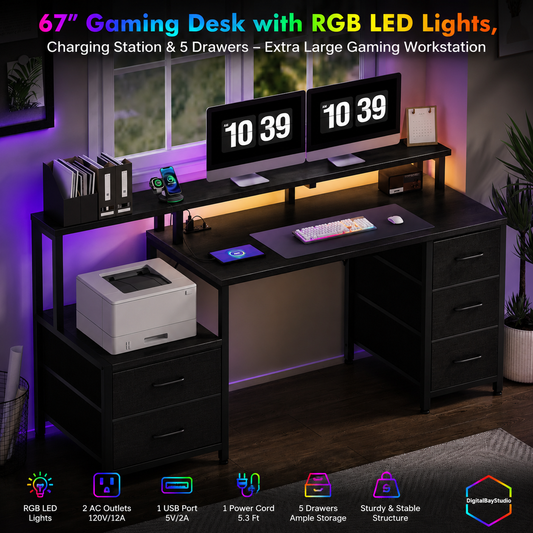 67” Gaming Desk with RGB LED Lights, Charging Station & 5 Drawers – Extra Large Gaming Workstation