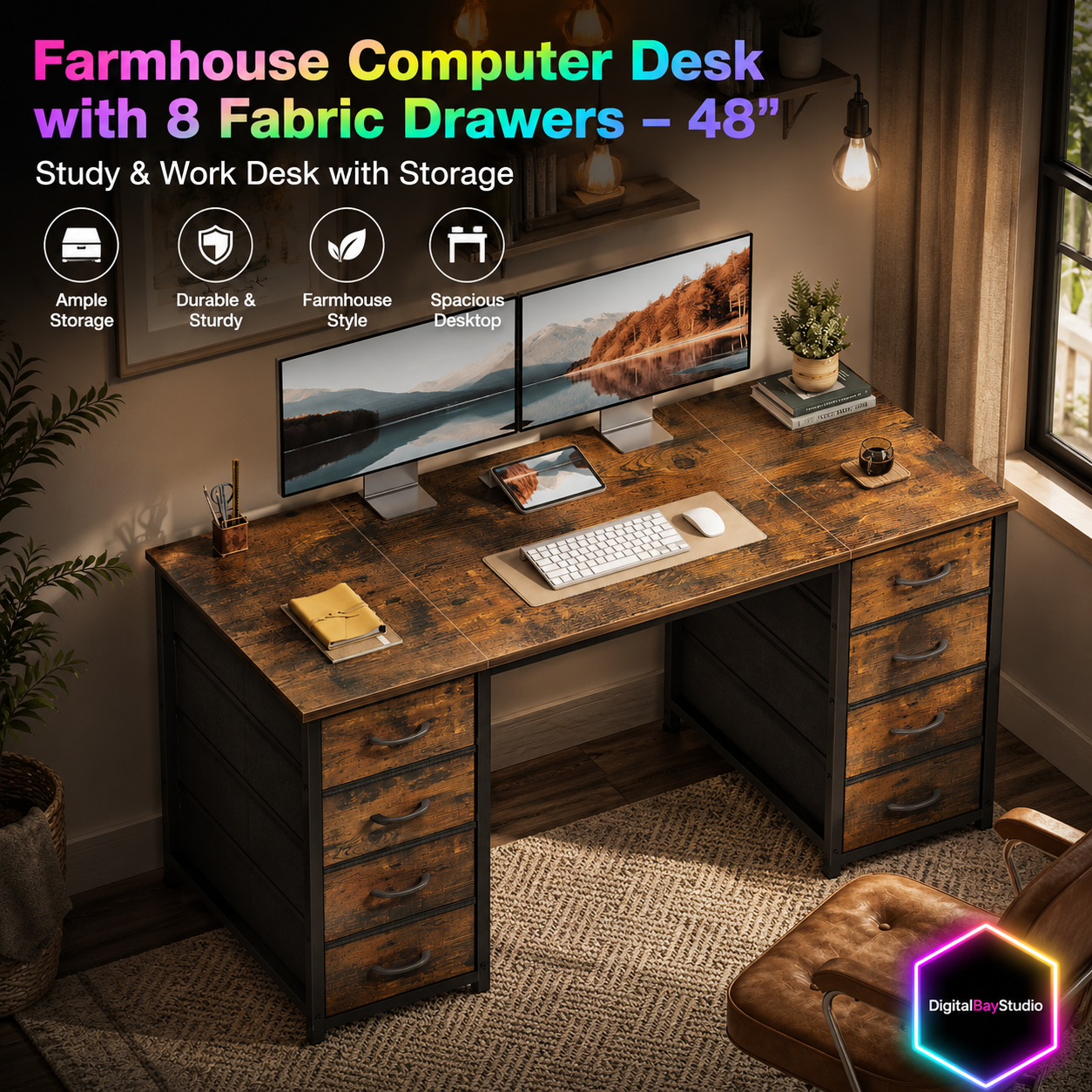 Farmhouse Computer Desk with 8 Fabric Drawers – 48" Study & Work Desk with Storage