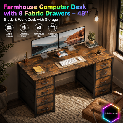 Farmhouse Computer Desk with 8 Fabric Drawers – 48" Study & Work Desk with Storage