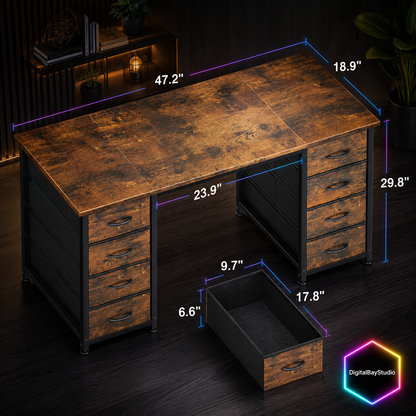 Farmhouse Computer Desk with 8 Fabric Drawers – 48" Study & Work Desk with Storage